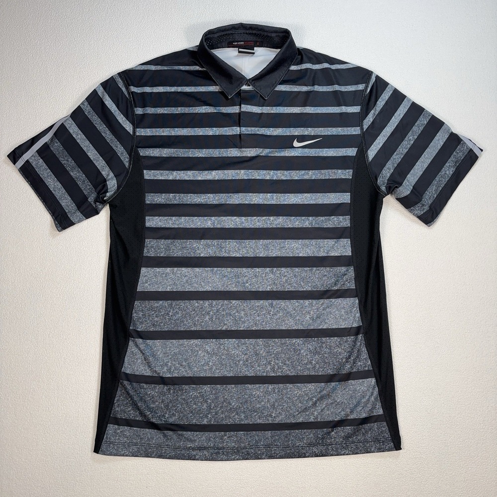 Nike Tiger Woods Collection Polo Men's S Black Gray Stripe Stretch Golf Swoosh